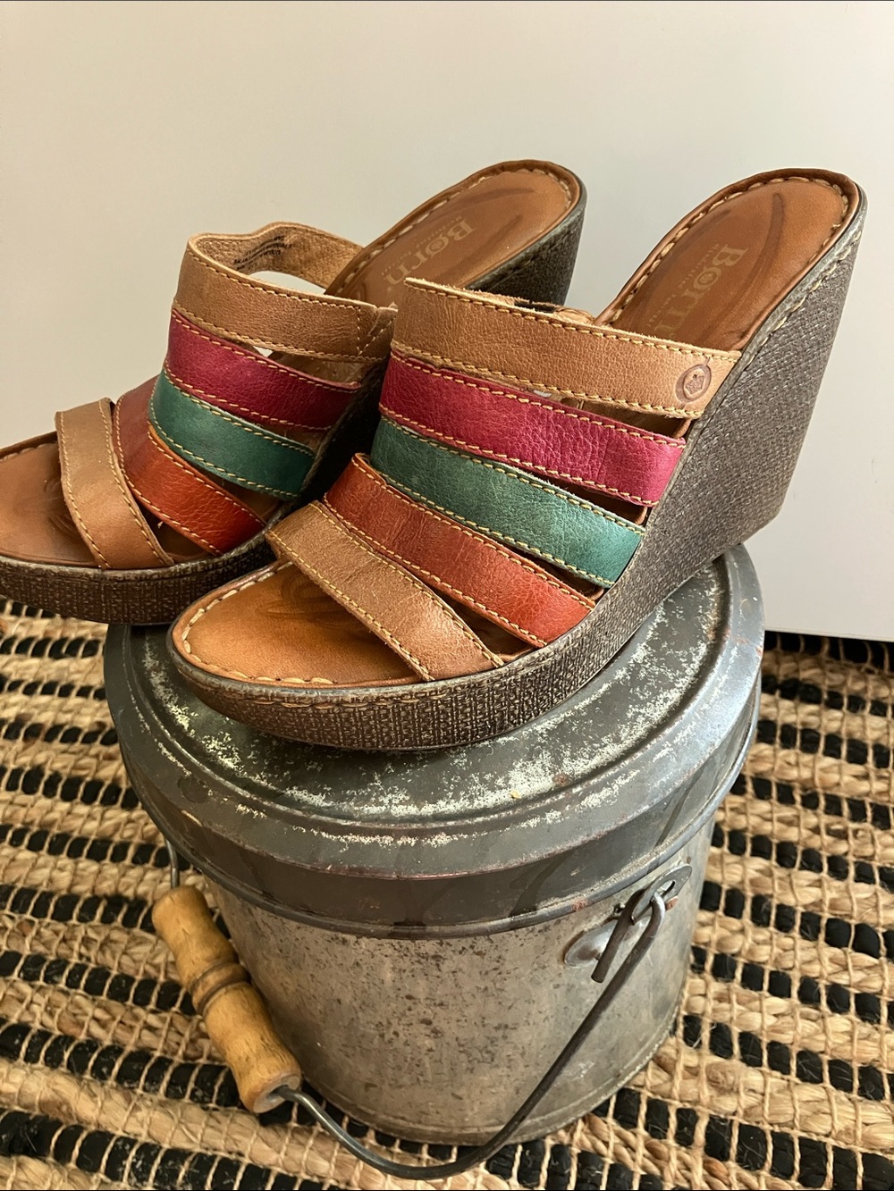 Born Leather Multi-Stripe Wedge Sandals in Brown, Red, Teal & Orange